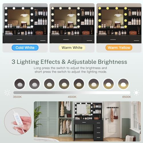 Makeup Vanity Desk with Mirror, 10 Lights, 5 Drawers, 3 Storage Shelves, 3 Color Modes & Adjustable Brightness Dressing Table, 35.4?? Desk, Black - Image 29