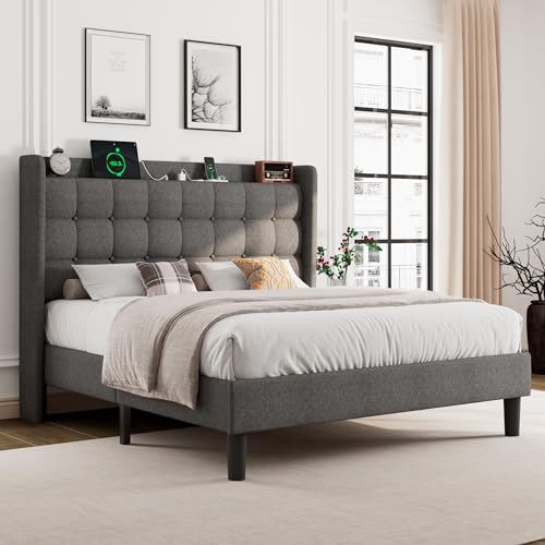 Queen Bed Frame, Upholstered Platform Bed with Charging Station, Modern Wingback Storage Headboard, Solid Wood Slats Support, No Box Spring Needed, Dark Gray - Image 3