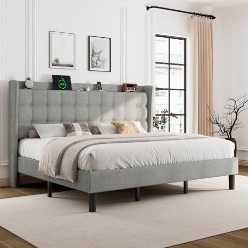 Queen Bed Frame, Upholstered Platform Bed with Charging Station, Modern Wingback Storage Headboard, Solid Wood Slats Support, No Box Spring Needed, Dark Gray - Image 20